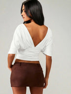 Women's Fashion Comfortable Casual Waist Cinched Slimming Fit V-Neck Backless Simple Bodycon Top, Stylish and Versatile Womenswear
