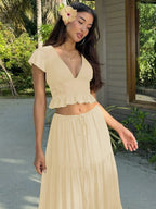 Women Summer Short Sleeve V Neck Tops Long Skirt Beach Vacation Chiffon Two Piece Set Outfit