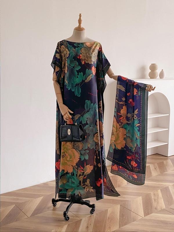 Women's Floral & Butterfly & Peacock Print Cape Shawl & Scarf Set, Elegant Casual Scarf & Cape Shawl Set for Beach Vacation, Fashion Accessories for Women