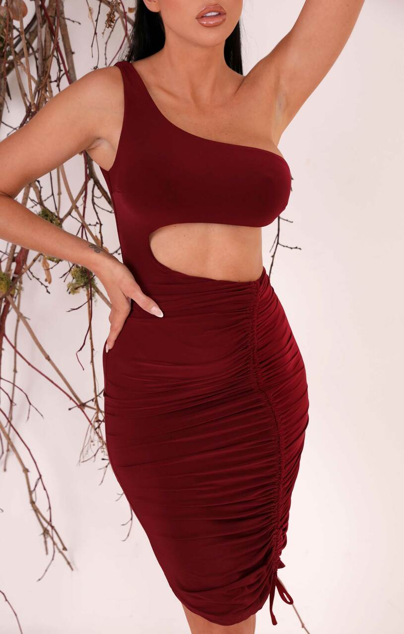 Cut Out Slinky One Shoulder Ruched Bodycon Mini Dress