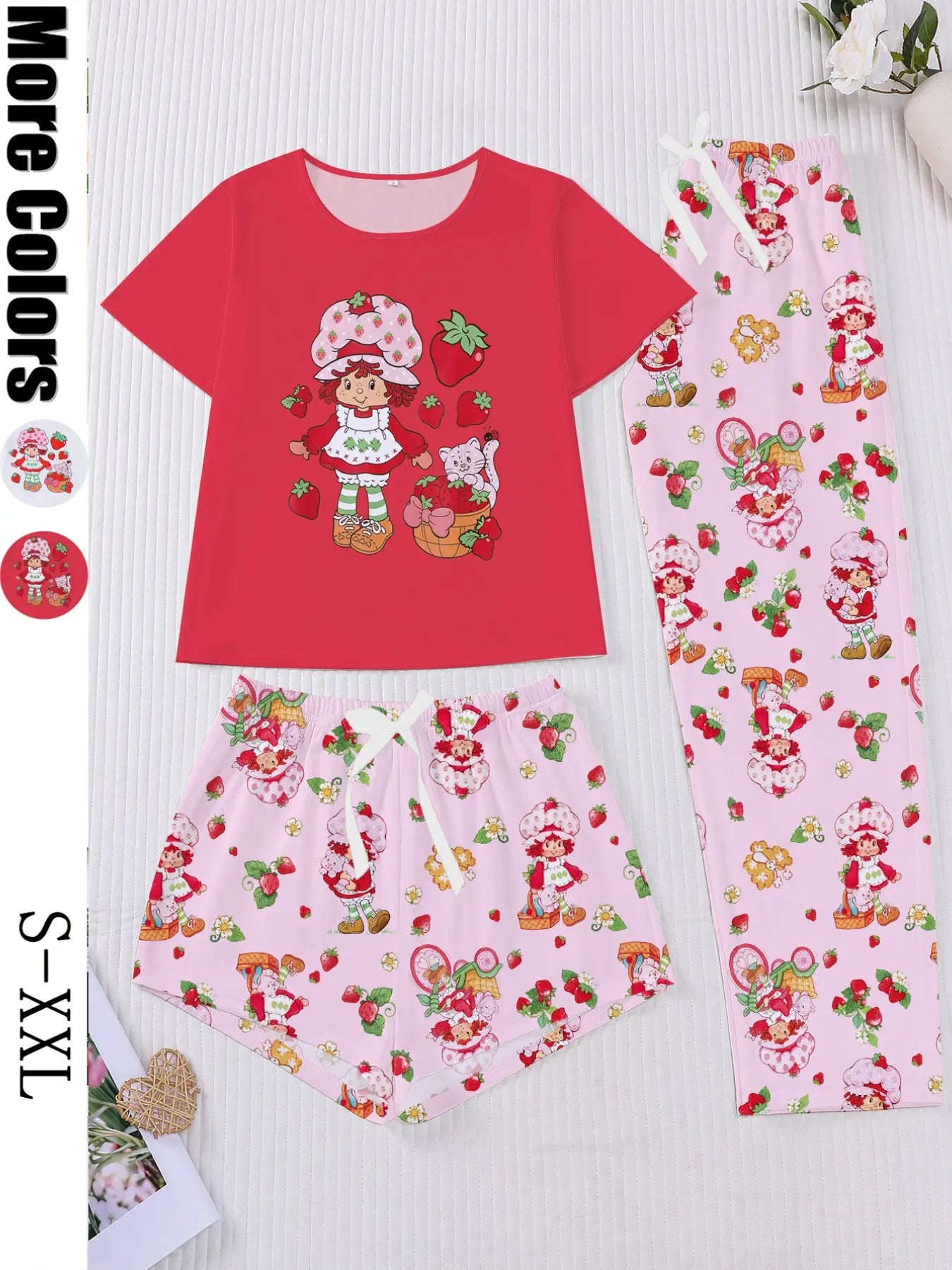 Women's Casual Cute Strawberry Print 3 Piece Pajama Set