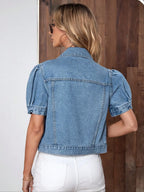 Women's Vintage Bubble Sleeve Light Wash Denim Jacket, Summer Thin High Waist Crop Top, Casual Fashionable Short Jean Coat for Women