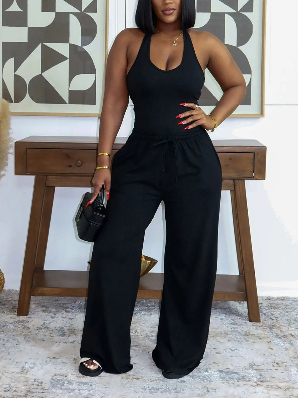 Summer Women's Halter Neck Slimming Top & Wide-Leg Pants