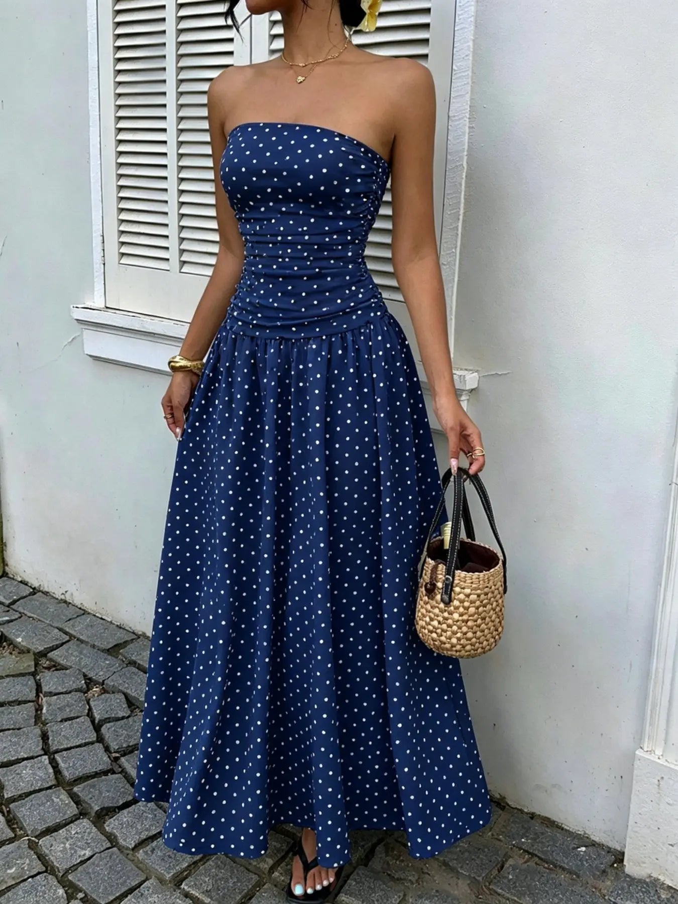 Women's Elegant Polka Dot Strapless Maxi Dress for Parties