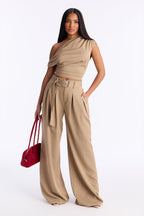 Adeline Off Shoulder Belted Pant Set - Khaki