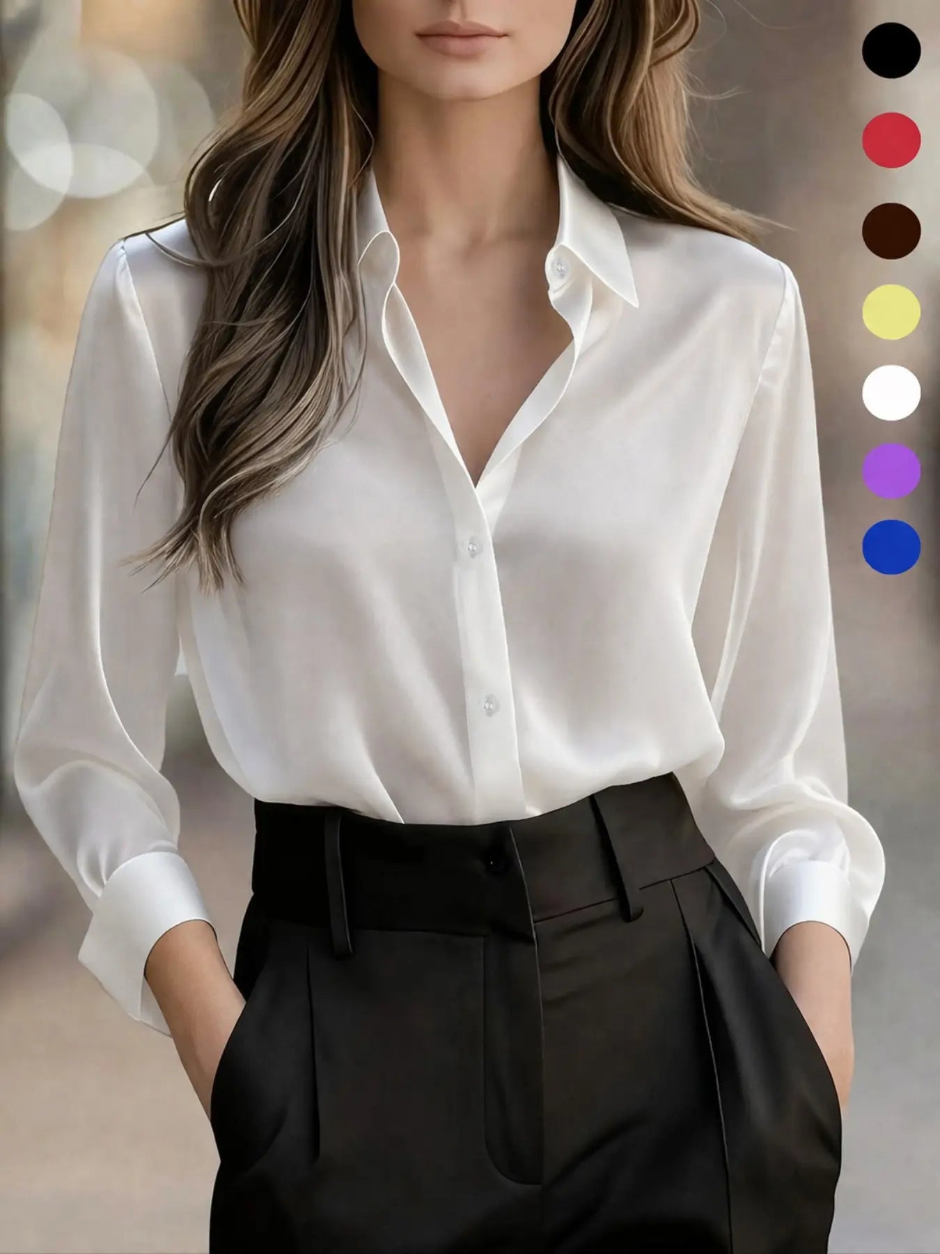 Women's Versatile Satin Long-sleeved Fitted Shirt Blouse for Commuting