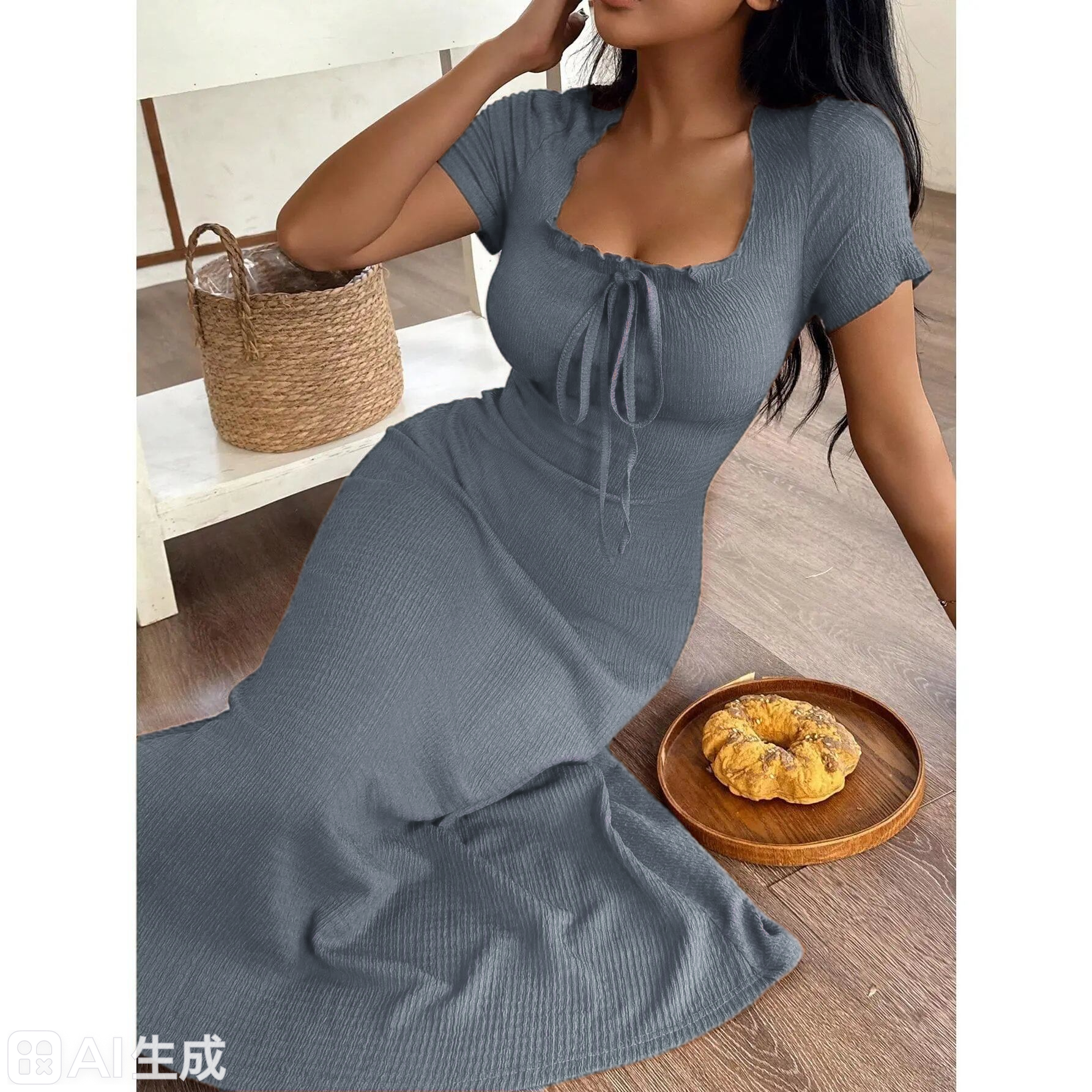 Women's Casual Solid Color Jacquard Gathered Ruffle Trim Square Neck Maxi Loungewear Dress Brown Dress Lounge Dress Summer Dress Tie Front Dress Midi Dress