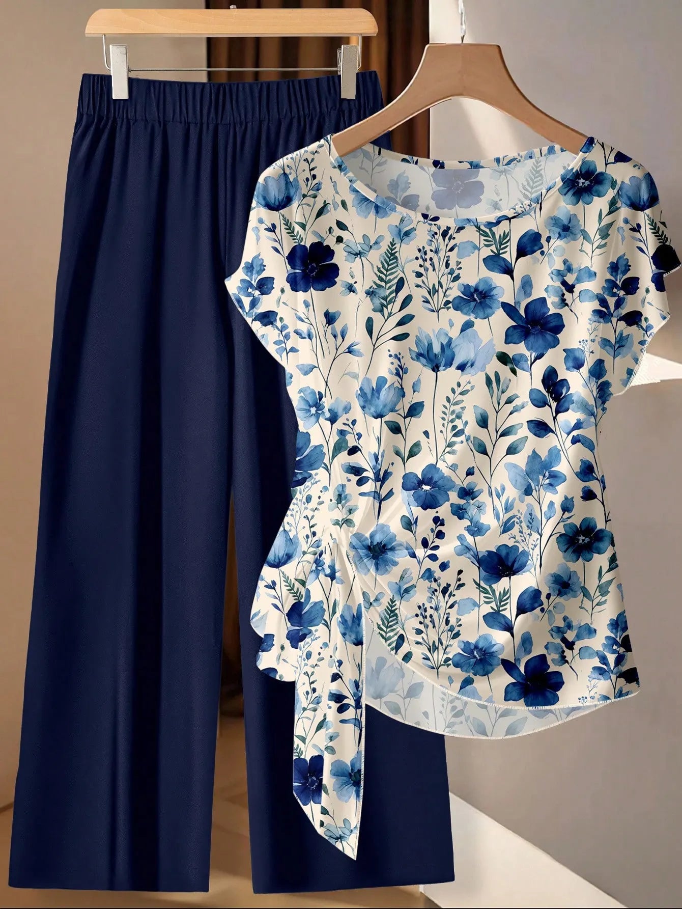 2pcs Women's Casual Bohemian Purple Floral Shirt & Pants Set,Summer Boho Vacation Outfit, Retro Beach Resort,Perfect For Wedding Guest Party