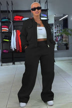 Pockets Crop Jacket Solid Color Straight Leg Pants 2pcs Set-Yellow