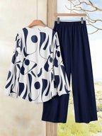 2pcs Women Contrast Color Print Shirt And Pants Set Old Money Style Business Casual Woman Blouse Sets For Ladies Two Piece
