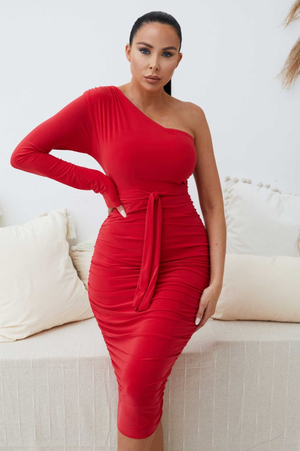 One Shoulder Ruched Slinky Midi Dress