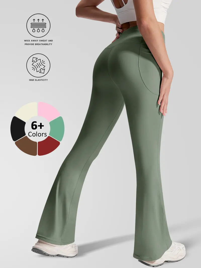 New Sporty Flared Trousers, High Waist Slim-Fit, Breathable Quick-Dry, Side Pockets, Yoga Running Gym Wear, All Seasons, Flared Yoga Bottoms