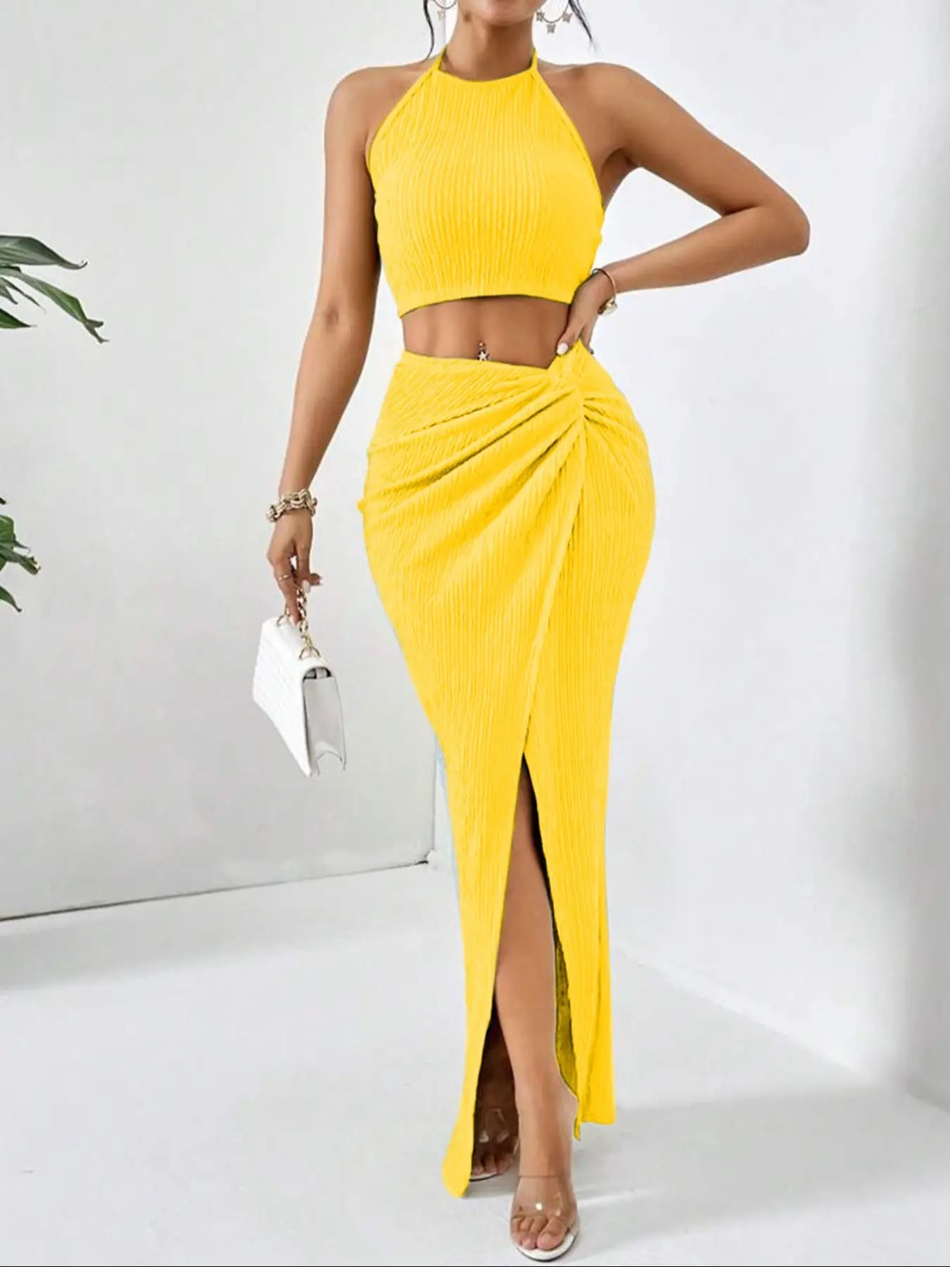 Women's Solid Color Crop Top & Split Hem Skirt Set