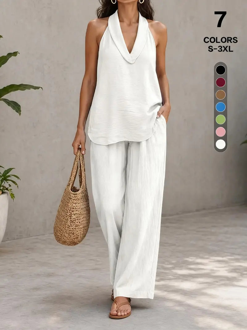 Comfy Chic Women's Summer Faux Linen Halter V-Neck Top & High Waist Wide Leg Pants Set - Breathable Everyday Urban Lounge Wear for Going Out
