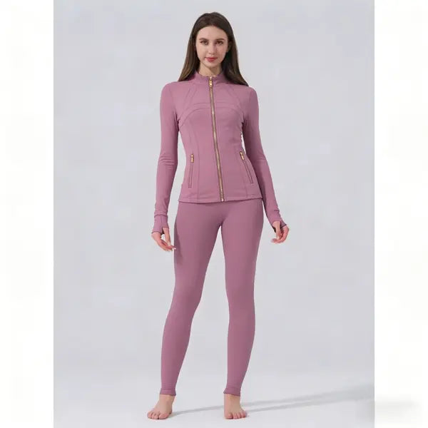 【Golden Zipper】Soft Brushed Women's Sport | Yoga | Quick-dry | Workout Jacket & High Waisted Cropped Leggings. Golden Zipper Jacket with Pockets, Yoga Pants, Thumbholes Design, Casual Slim fit Wear for Women