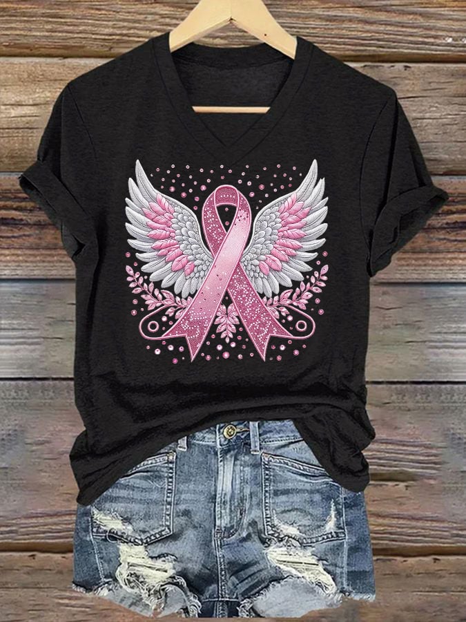 Women's casual pink ribbon wings T-shirt