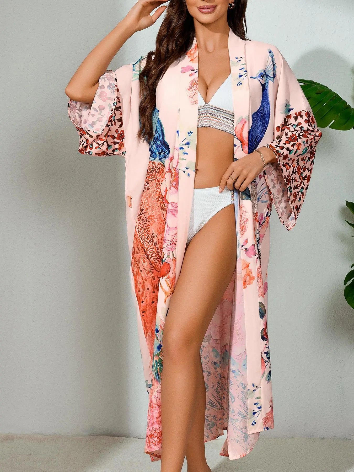 Plus Size Peacock & Floral Print Belted Wrap Kimono Cardigan, Casual Chic Style Split Hem Kimono Cardigan Sleeves, Women's Summer Swimwear for Beach Holiday Vacation