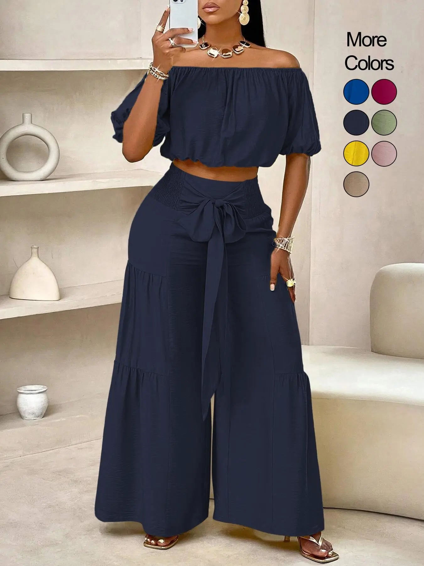 Summer Beach Vacation Bow Shoulderless Round Neck Shirt Wide Leg Pants Set, Casual Loose-Fitting, Women's Fashion, Womenswear