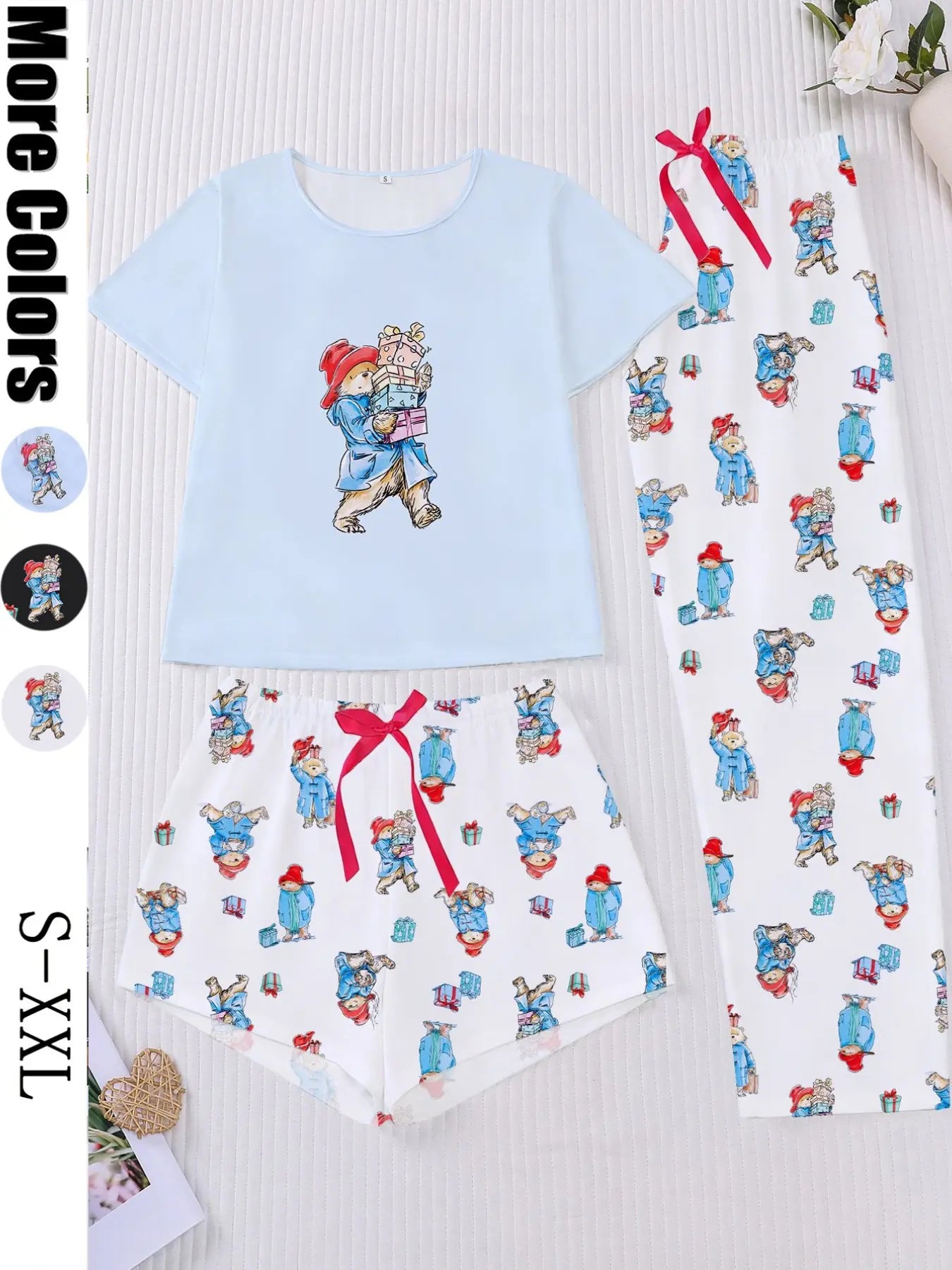3-Piece Casual Women Pjs Pajama Set with Padding Bear Print