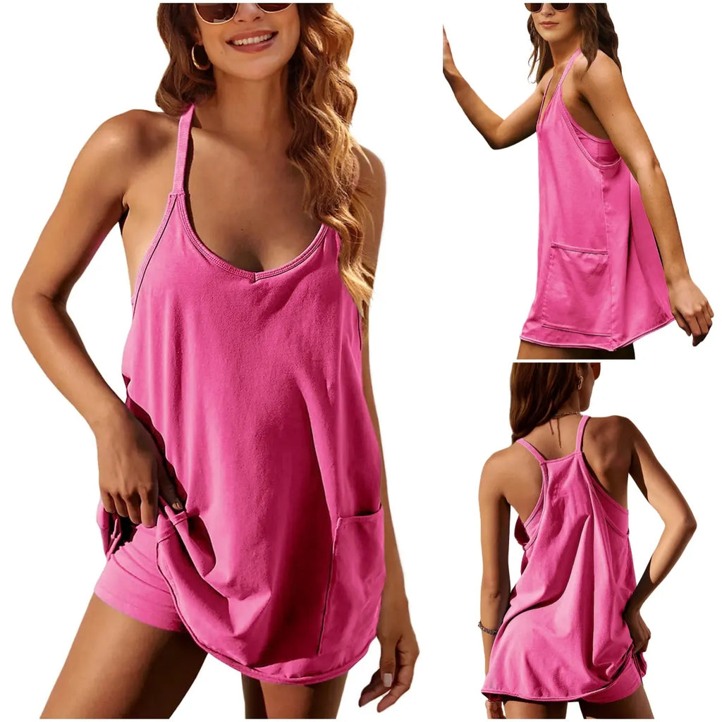 Women's Summer Sleeveless Mini Dress V Neck Spaghetti Straps Athletic Built-in Shorts Sundress SummerVibes