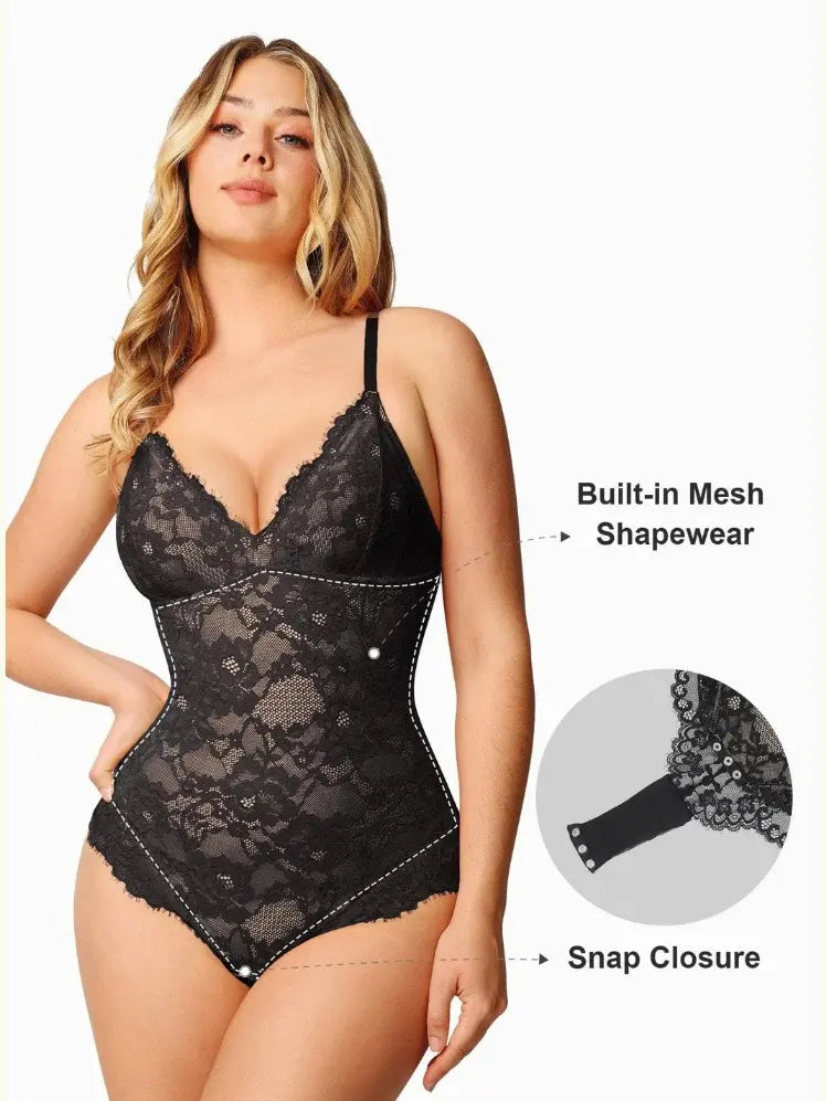 Popilush Basic Full Lace Built in Shapewear Bodysuit Women Vneck Compression Sleeveless Thong Tummy Control Backless Adjustable Sexy Bodysuit Womenswear Summervibe