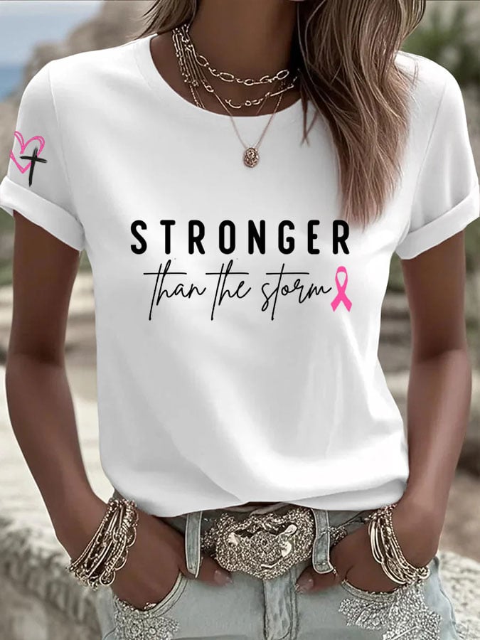 Women's Stronger Than The Storm Breast Cancer Awareness Print Casual T-shirt