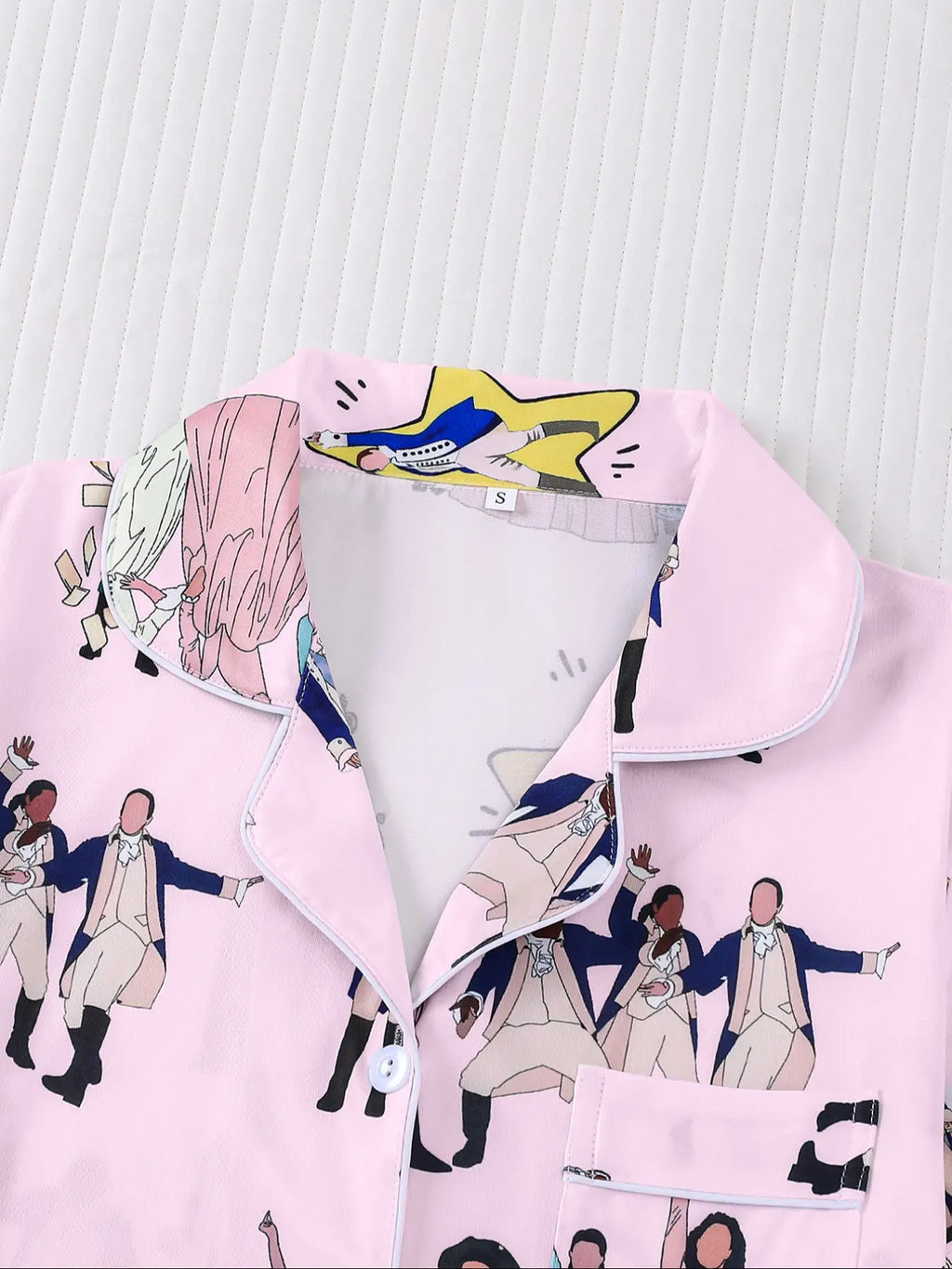 Hamilton Musical Themed Women's Pajama Set, Short Sleeve Shirt Collar Button Soft Top & Elastic Shorts, Casual Home Wear