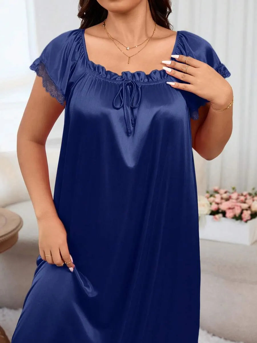 MuseNap CURVE Plus Size Women Pleated Square Collar Embroidered Satin Nightgown