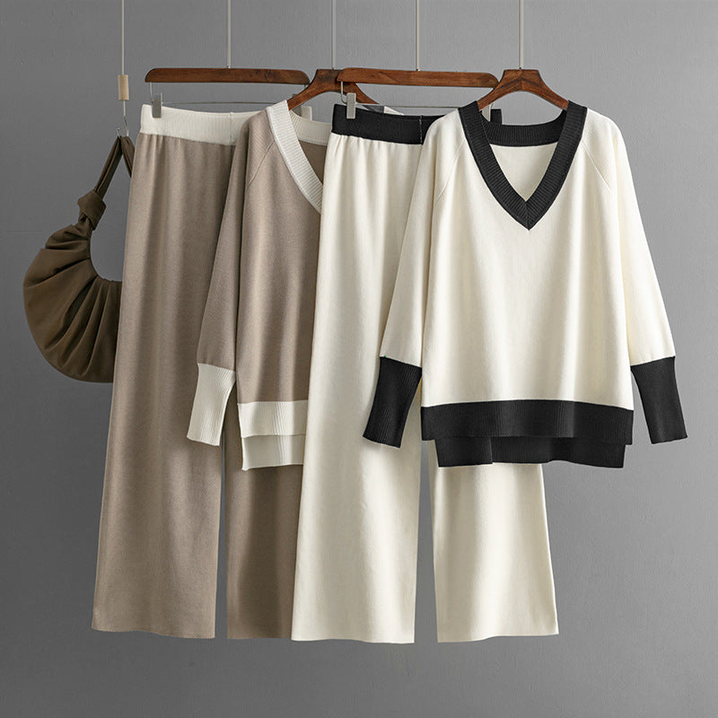 Casual V-Neck Contrast Top & Wide-Leg Pants Two-Piece Set