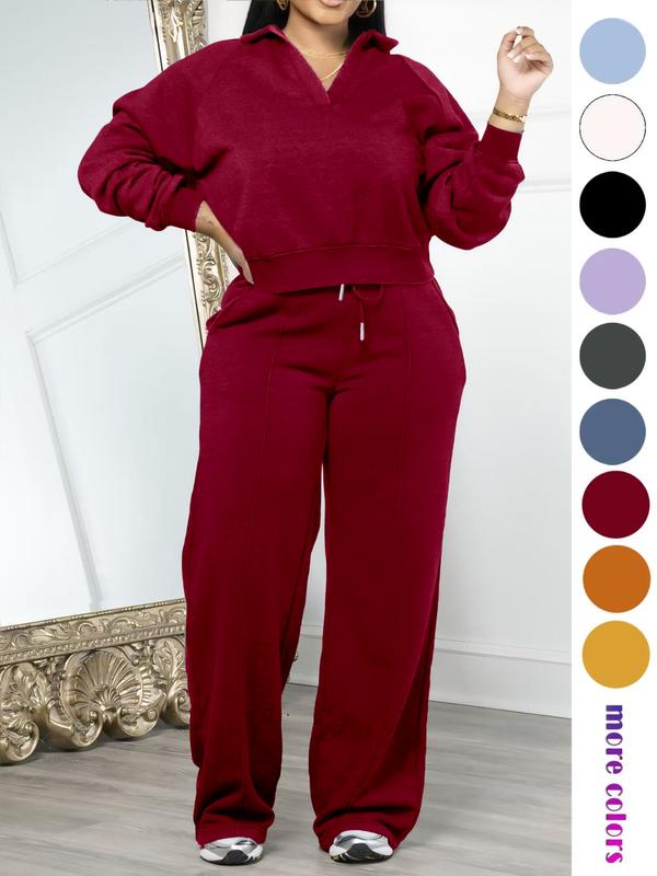 Women's Sets 2 Piece Outfit Long Sleeve Lapel V Neck Sweatshirt and Drawstring Wide Leg Pants Sweatsuits