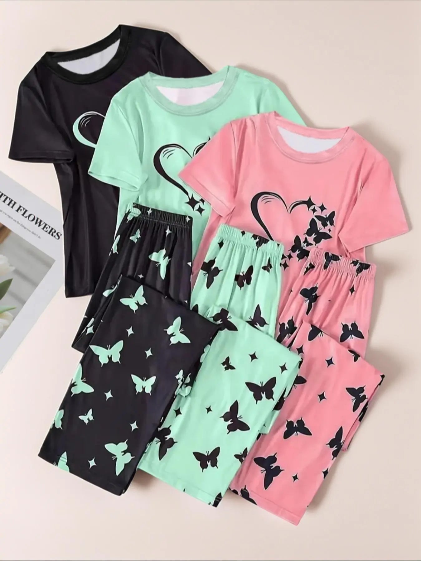 6 Counts Women's Heart & Butterfly Print Pyjama Set