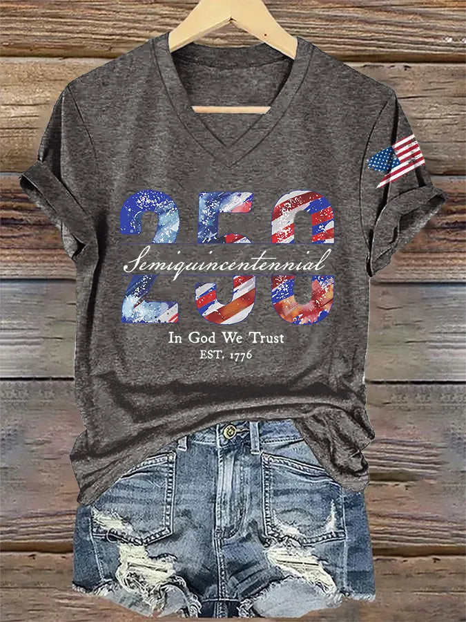 V-Neck Retro Semiquincentennial 250 In God We Trust Print T-Shirt