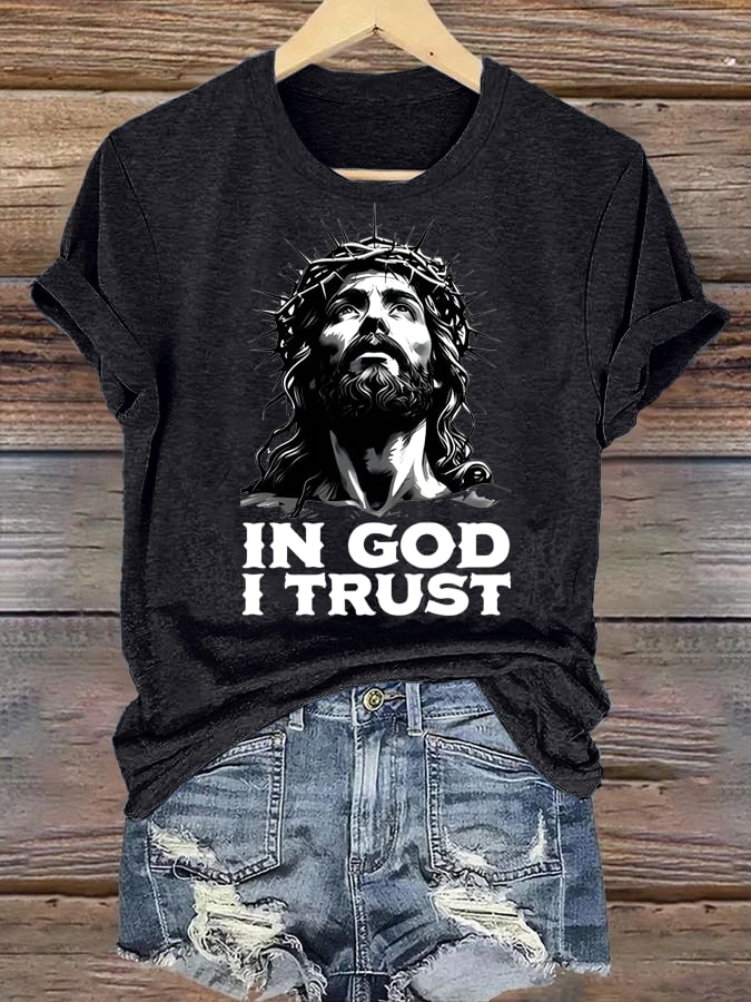 Women's  In God I Trust Christian T-Shirt, Retro Jesus Portrait Graphic Tee, Faith Based Religious Shirt