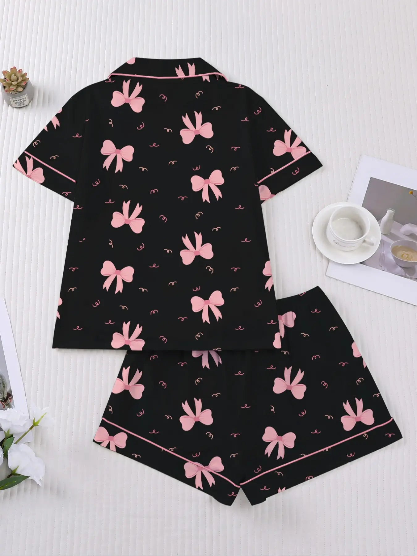 Women's Valentine's Day Sleepwear Set, Bow Print Pajamas