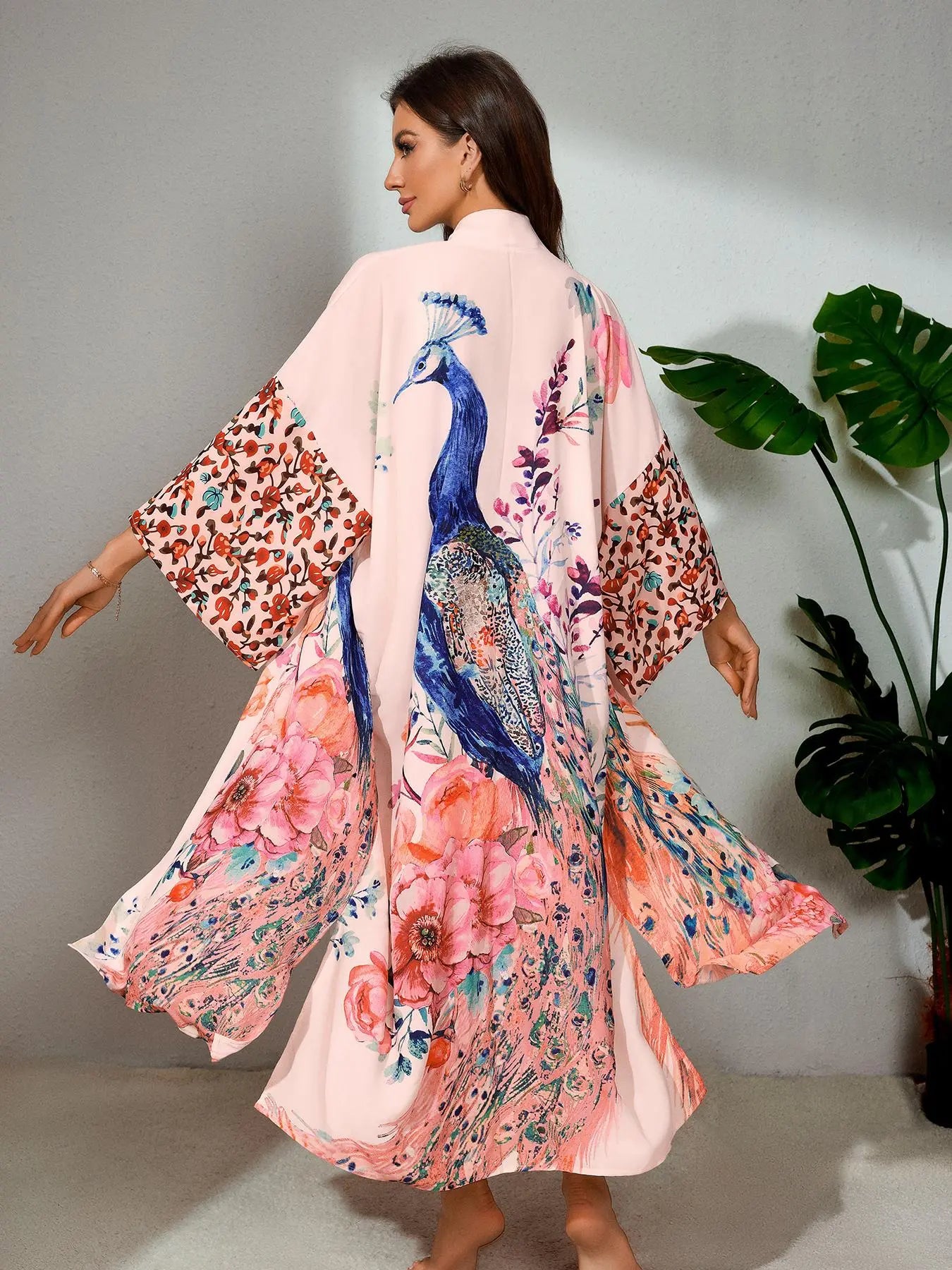 Plus Size Peacock & Floral Print Belted Wrap Kimono Cardigan, Casual Chic Style Split Hem Kimono Cardigan Sleeves, Women's Summer Swimwear for Beach Holiday Vacation