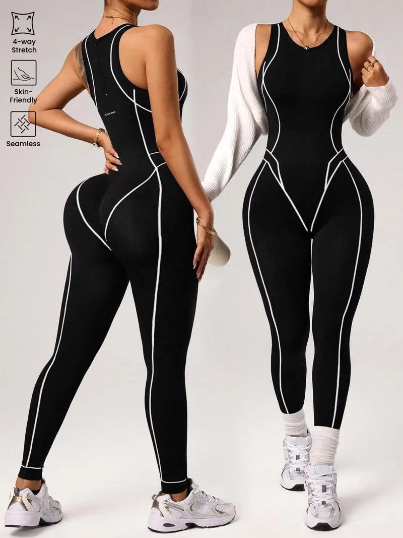 Women's Seamless High Elastic Yoga Jumpsuit, Back Zipper, Breathable Sportswear, Suitable for All Seasons, Ideal for Gym, Running, Yoga, Sporty Jumpsuit