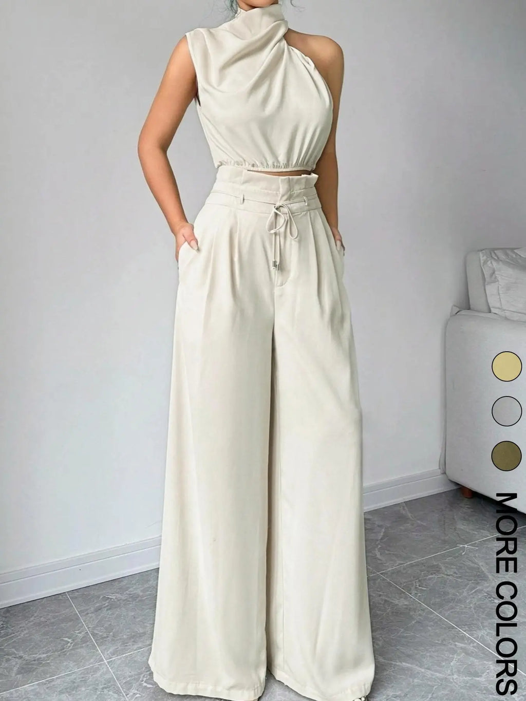 Women's Elegant Two-Piece Set, Irregular Crop Top & Wide-Leg Pants