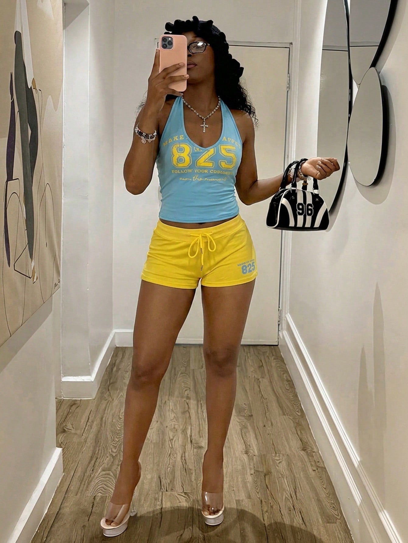 StreetHx Women 2-Piece Set:Yellow Vest Top,Blue Shorts.HypeZone-D Spaghetti Strap Camisole,Letter Print,Slim Fit For Gym,Summer,Y2k,Sports,Beach Outfits