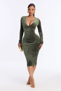 Estella Long Sleeve Velvet Midi Dress - Hunter
