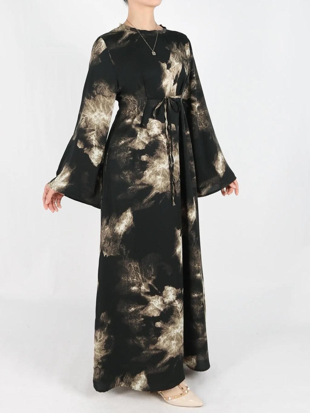 Women's Tie Side Zipper Back Dress, Elegant Long Sleeve Belted Abaya Dress for Daily Wear, Ladies Islamic Clothing for All Seasons, Round Neck Abayas
