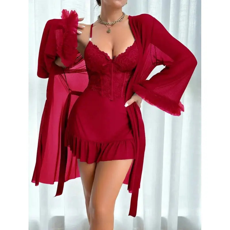 RRJ 2pcs/Set Fishbone Waistline Design Lace Cami Nightgown And Wide Sleeve Floral Lace Trim Mesh Robe lingerie women
