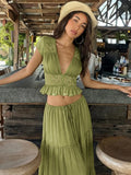 Women Summer Short Sleeve V Neck Tops Long Skirt Beach Vacation Chiffon Two Piece Set Outfit
