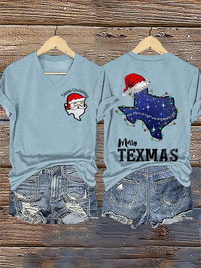 V-Neck Retro Texas Christmas The Stars At Night Are Big And Bright Deep In The Heart Of Texas Print T-Shirt