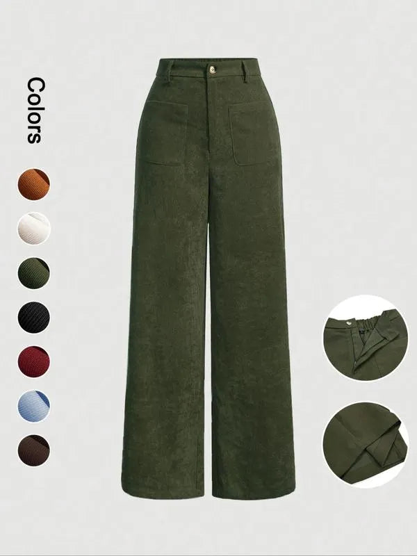 Women's Plain Pocket Button Front Wide Leg Pants, Casual High Waist Trousers for Daily Wear, Ladies Bottoms for All Seasons