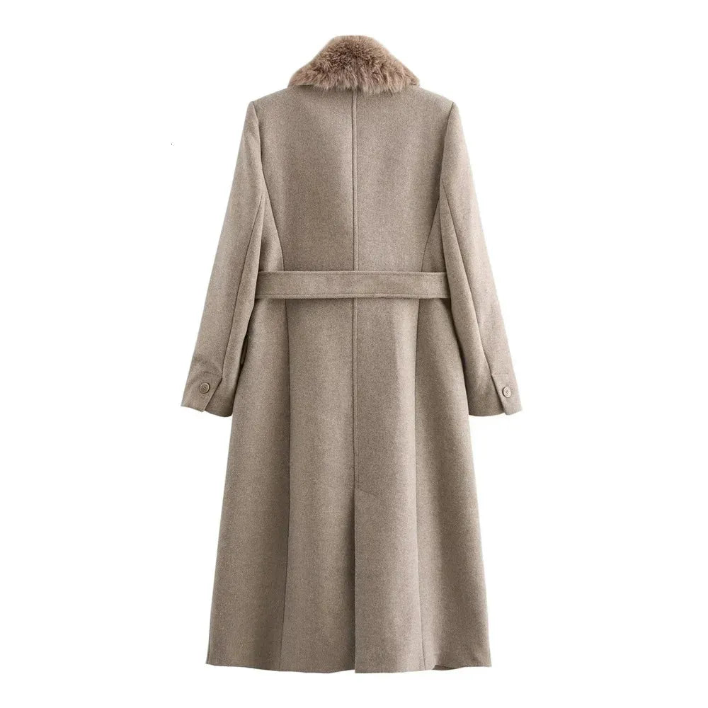 Women's Long Sleeve Lapel Single Breasted Coat with Belt Pocket - Warm Winter & Autumn Outerwear