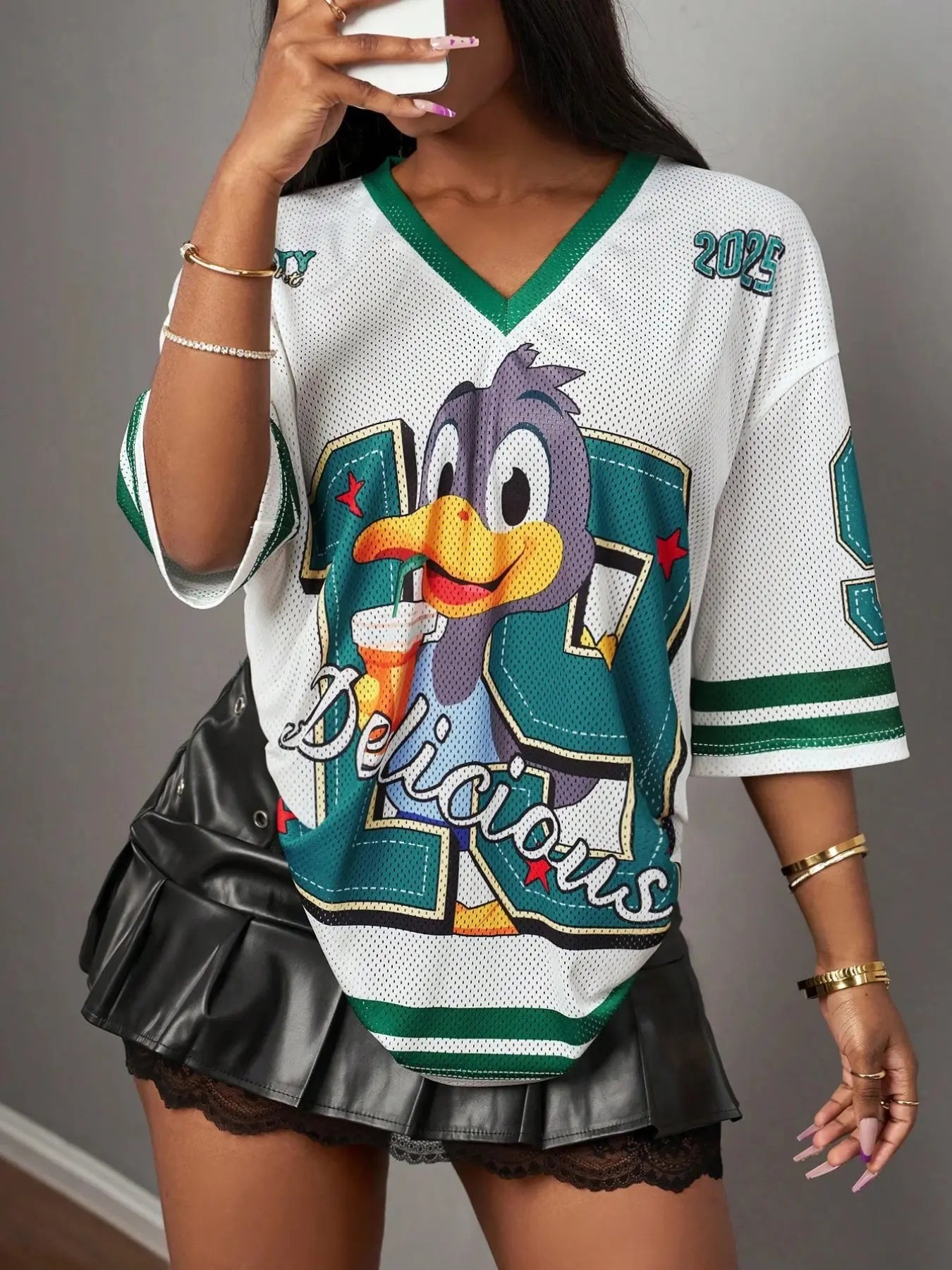 Y2K Vintage Mesh Smile Face Print Sports Ball Shirt for Women