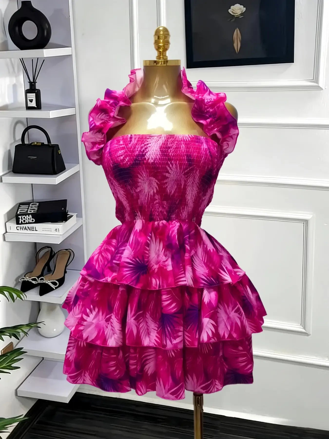 Elegant Women Sweet Sexy Club Party Outfit Dress, Women's Floral Print Backless Strapless Layered Ruffle Mini Prom Dress,Lady Casual Dresses,Female Brunch Dresses,Graduation Dress, Floral Evening Dress