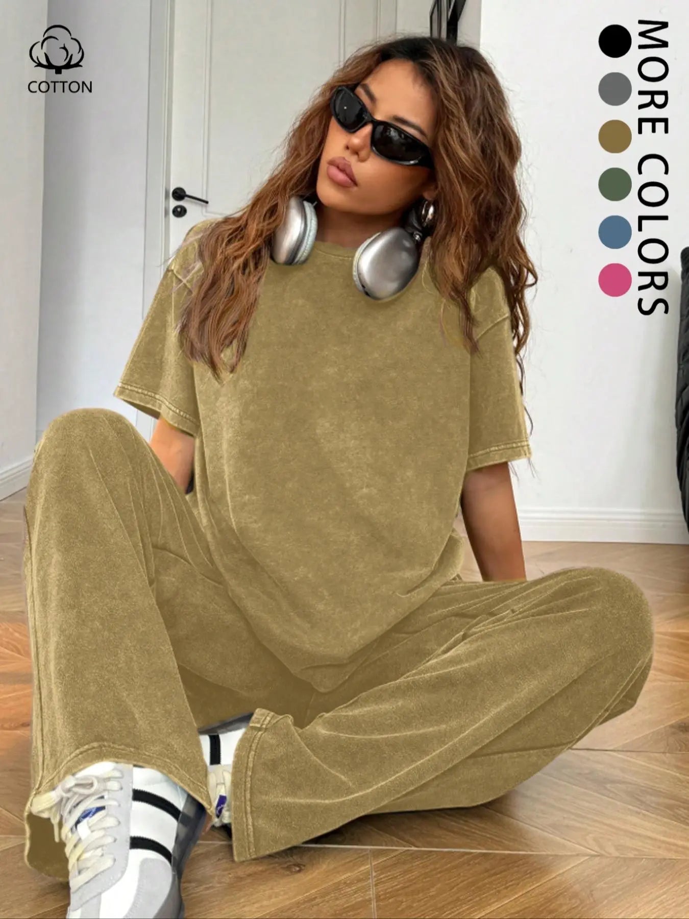 Women's Casual Loose Fit Acid Washed Cotton Short Sleeve T-Shirt and Long Pants Two-Piece Set, All Seasons, Plain Style