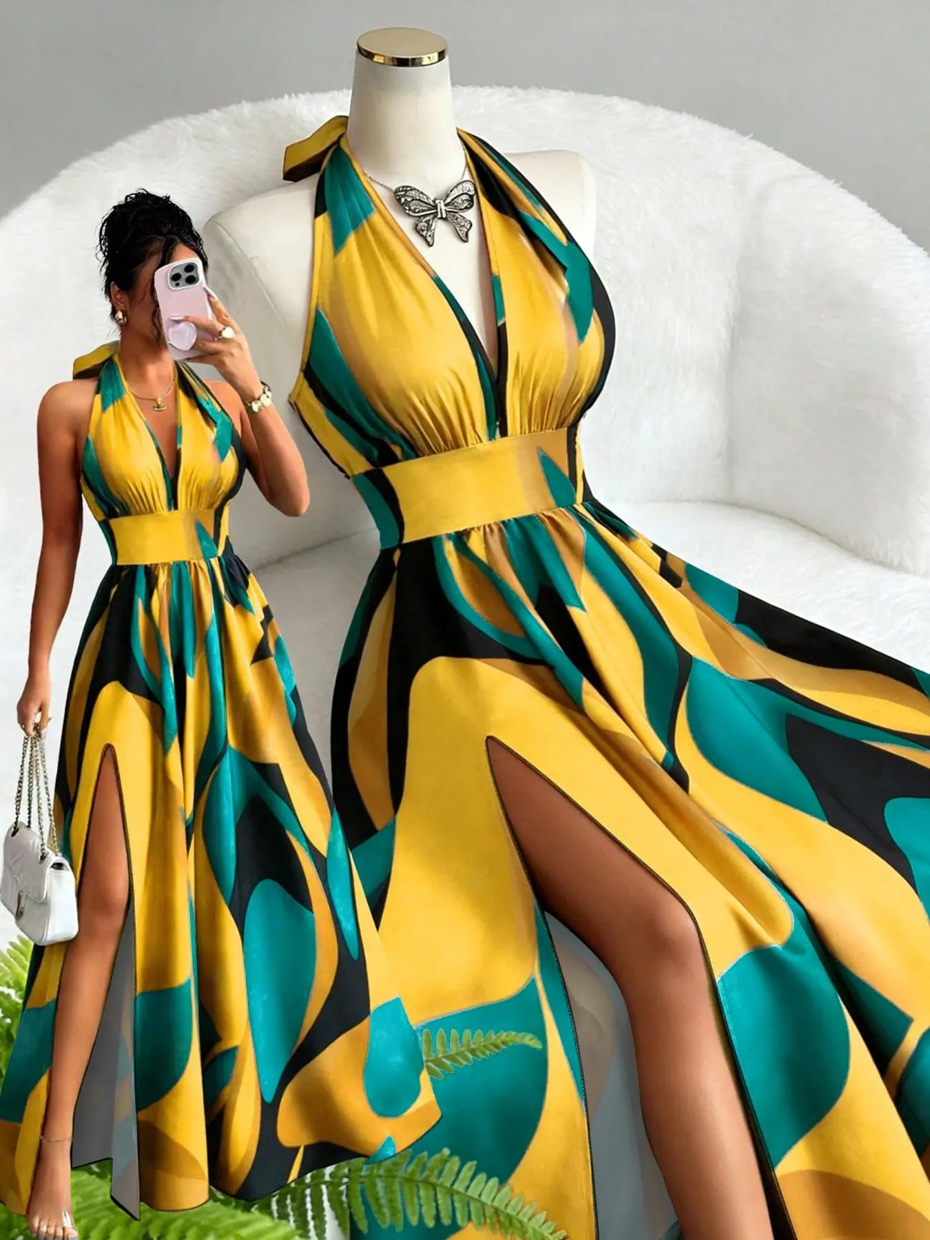 All Over Print Halter Long Dress with Deep V Neck and Split Hem