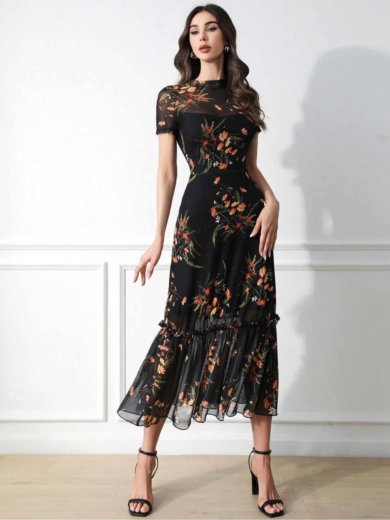 Women's Sexy Leopard Print Elegant Round Neck Mesh Skirt Dress, Stylish Casual Fashion, Perfect for Parties and Daily Wear